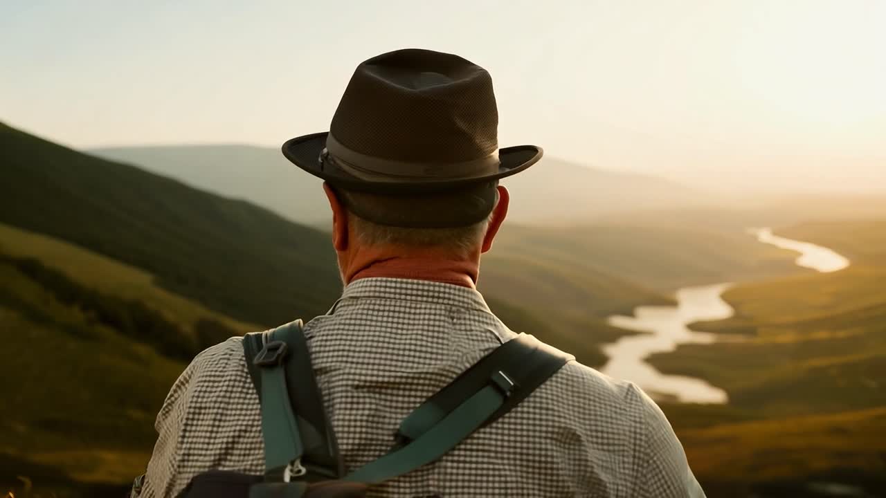 hombre caminando por las montañas al atardecer