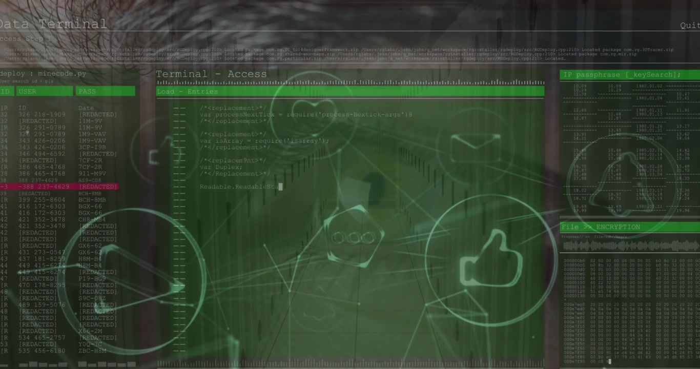 Animation of network of connections and data processing over eye of caucasian man and server room