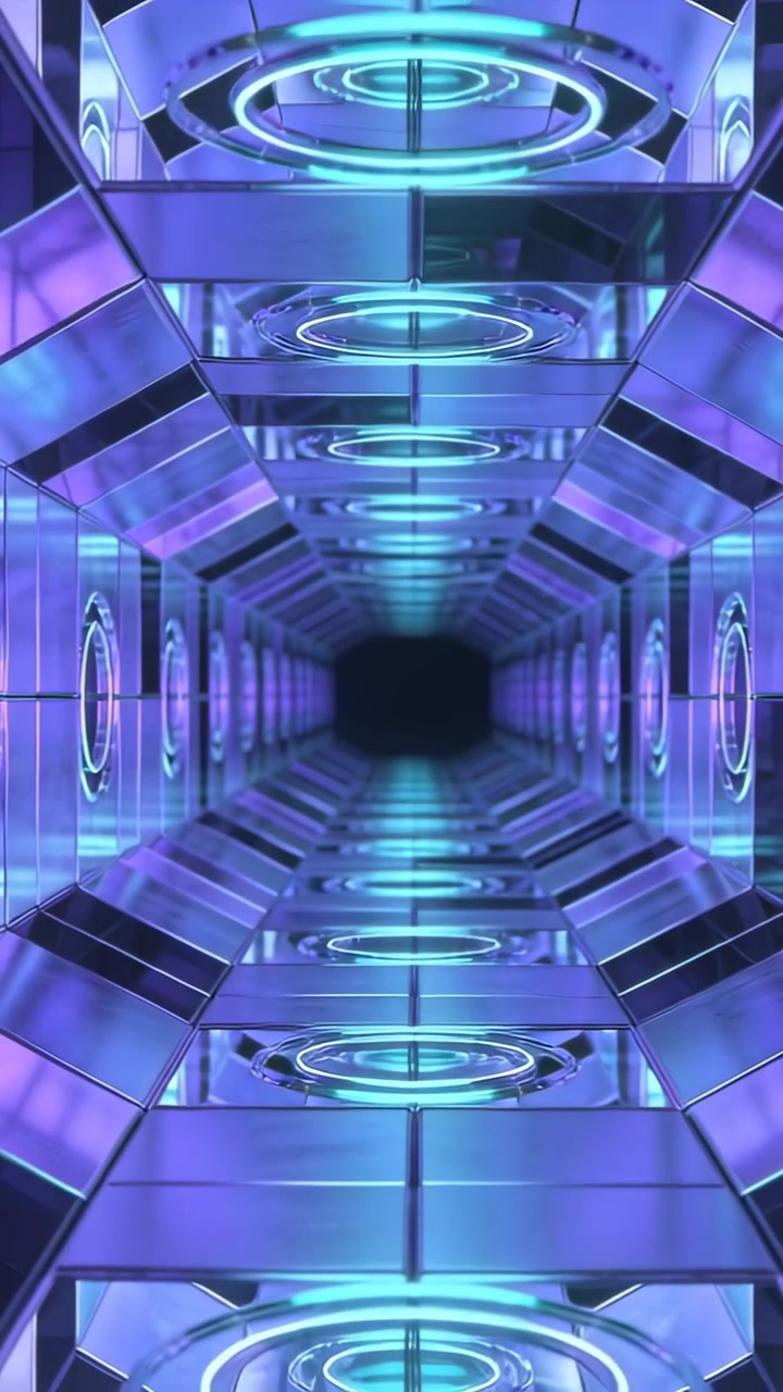 Vertical video: Shifting light pulsing hex tunnel in corridor, mirrors showing rings toward void