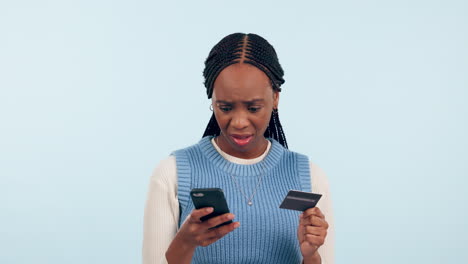 Credit-card,-phone-and-confused-woman-for-online