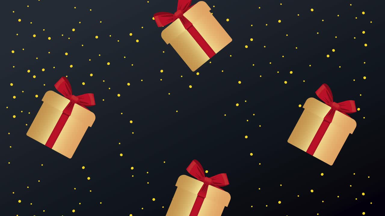 tarjeta de feliz año nuevo con regalos de oro