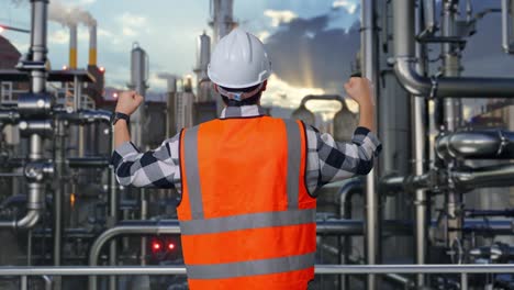 back view of a male engineer with safety helmet raising his hands celebrating while working in a refinery, oil processing equipment and machinery