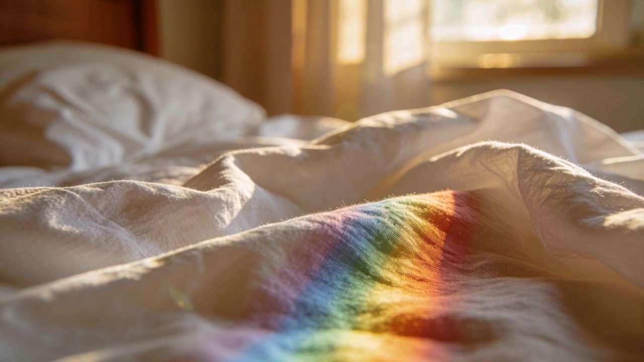 La luce del sole che filtra attraverso una finestra di legno proietta un sottile arcobaleno su un piumone bianco stropicciato in camera da letto.