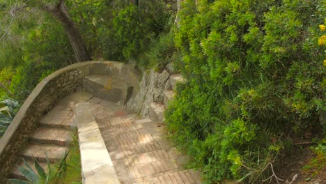 escaleras que conducen al &quot;arco naturale&quot; con arquitectura de estilo europeo medieval y jardín verde en capri, italia