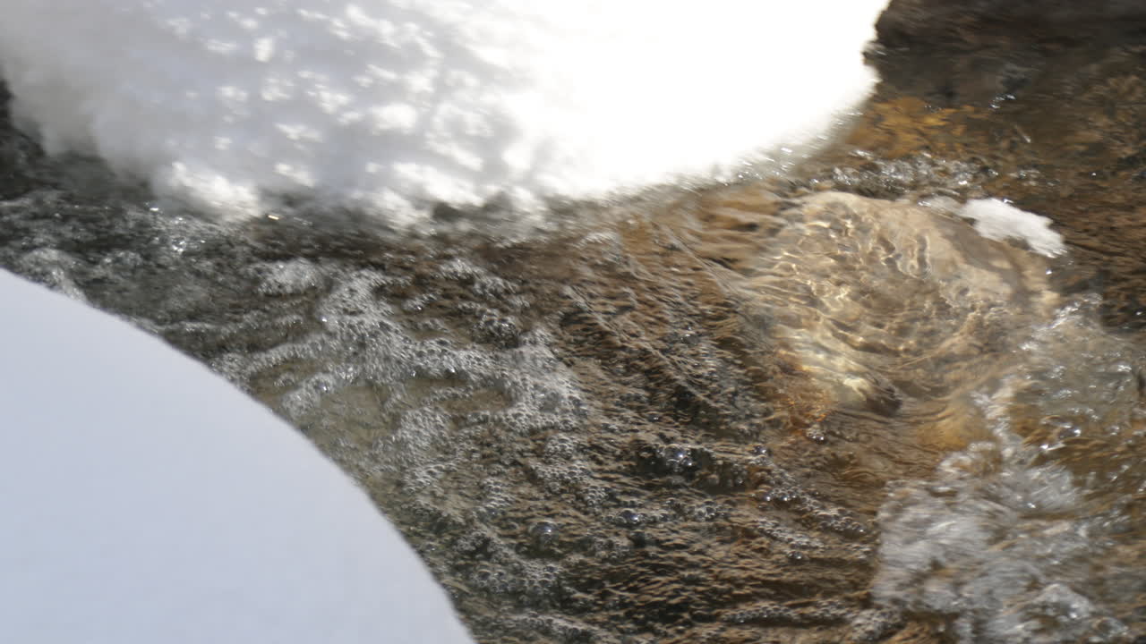 Dreamy shot of a river flowing through Gstaad, Switzerland, surrounded by snow-covered rocks, crystal-clear water, and warm winter sunlight creating a magical alpine atmosphere