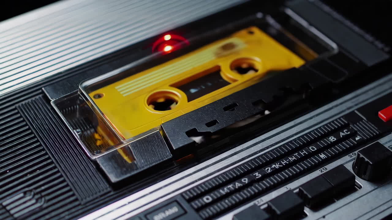 A close-up of a vintage cassette player with a yellow tape