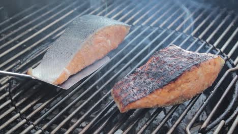 Flipping-grilled-salmon-on-BBQ-grill-with-metal-spatula,-Close-Up