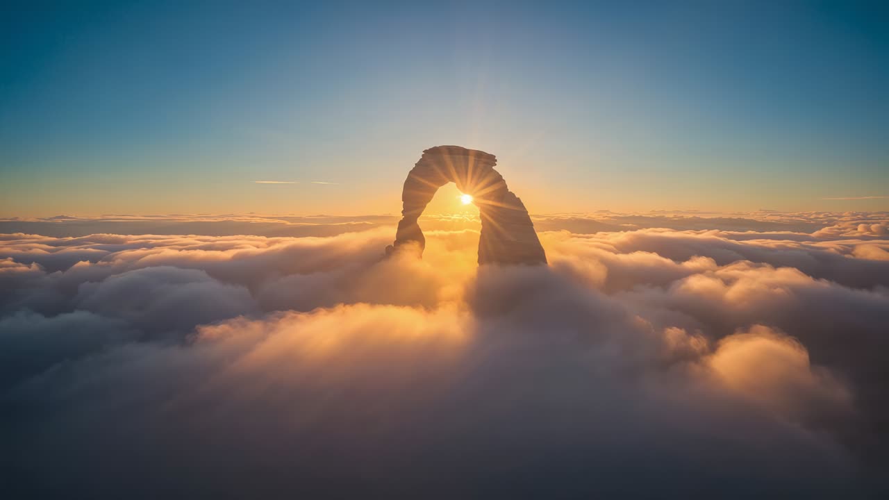 Rising Sun shining through stone arch, drone capturing glow revealing arch silhouette over clouds