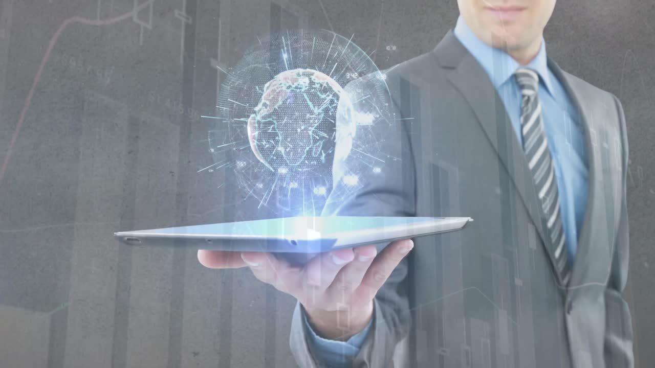 animación del procesamiento de datos financieros y globo con conexiones sobre un hombre de negocios que sostiene una tableta