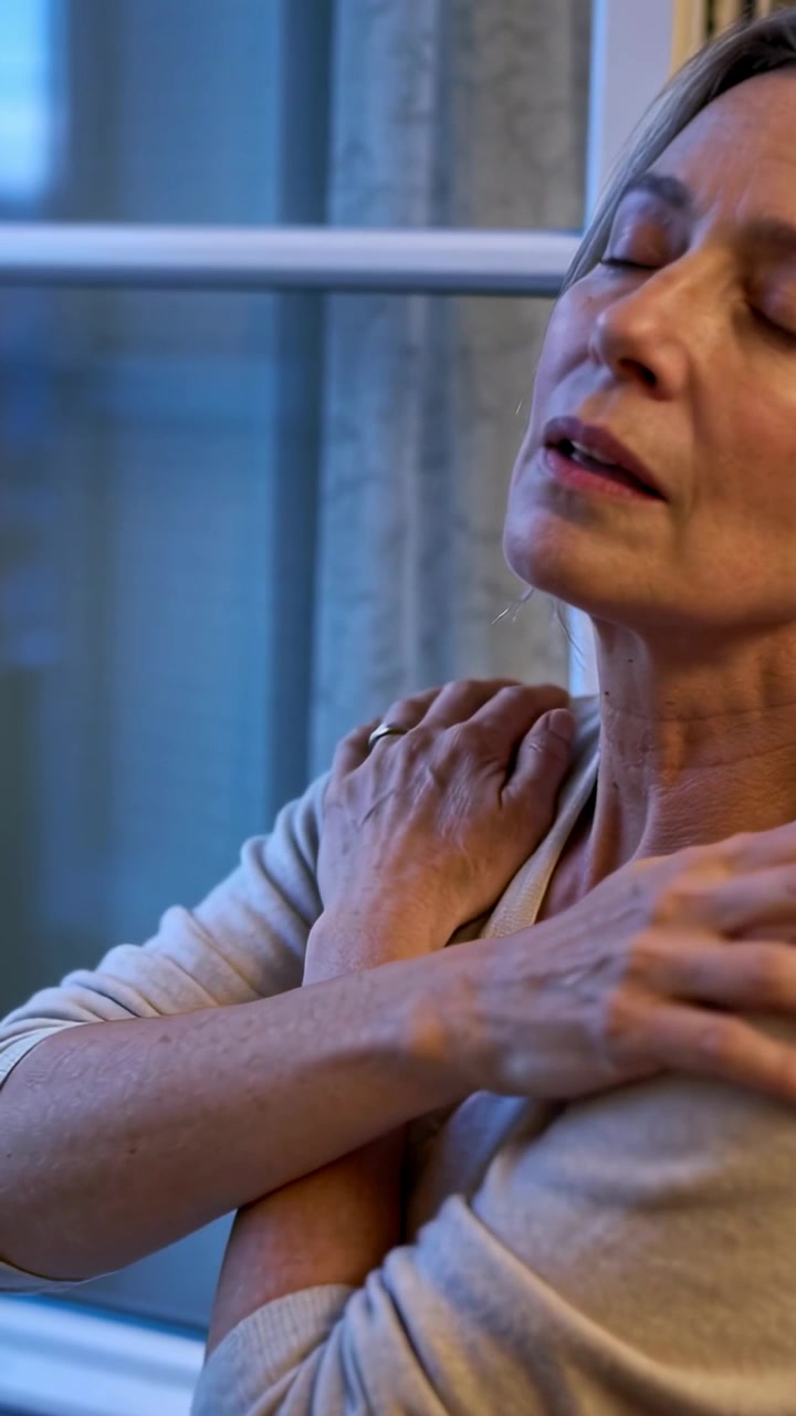 Video verticale: Donna anziana che si sistema alleviando la tensione alle spalle accanto alla finestra, con maglione e anello