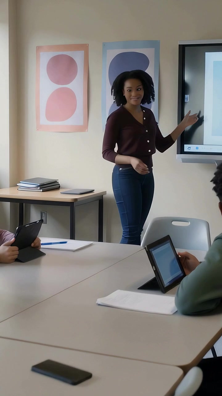 Video verticale: Studente che si alza e mostra il lavoro alla classe, gesticolando verso lo schermo, con compagni che usano i tablet e indossano cardigan.