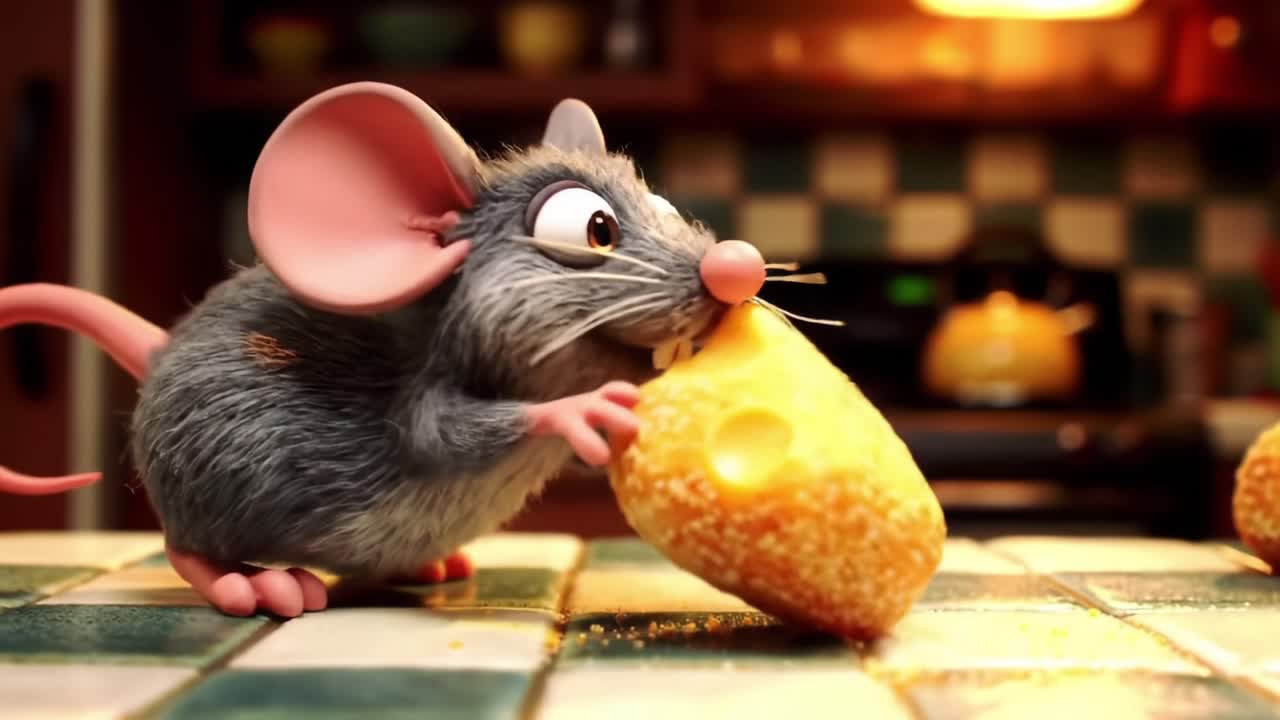 An Animated Culinary Adventure: A Little Rat Excitedly Engaging with Delicious Food on a Kitchen Counter