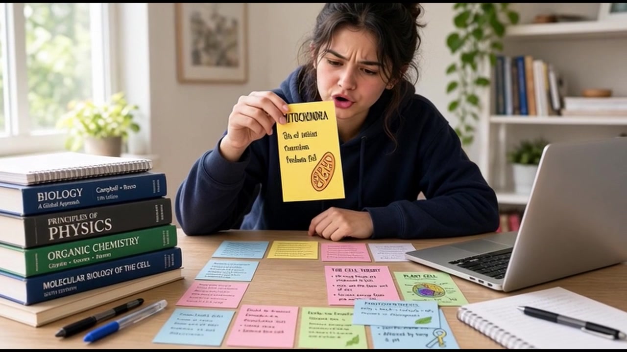 Student Studying Biology Using Flashcards at Desk