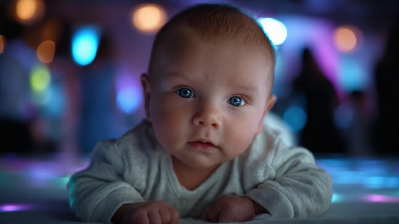 A Sweet Baby's Curious Gaze in a Whimsical and Vibrant Setting, Captured During a Joyful Moment Filled with Colorful Lights and Soft Focus Surroundings