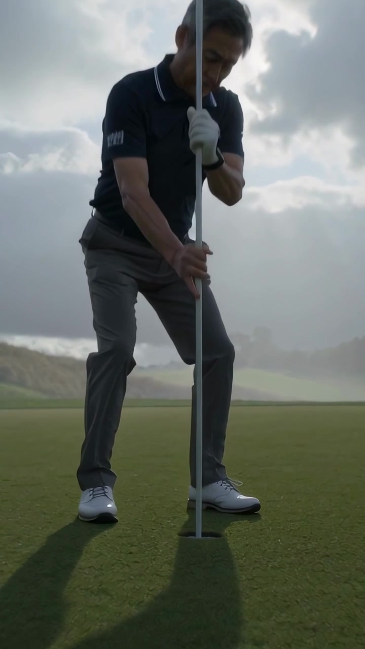 Video verticale: Guardando la buca, golfista anziano che solleva la bandierina, controllando la buca su un green costiero, indossando una polo.