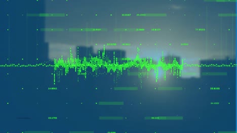 Animation-Von-Zahlen-Und-Sound-Equalizer-über-Verschwommenem-Stadtbild