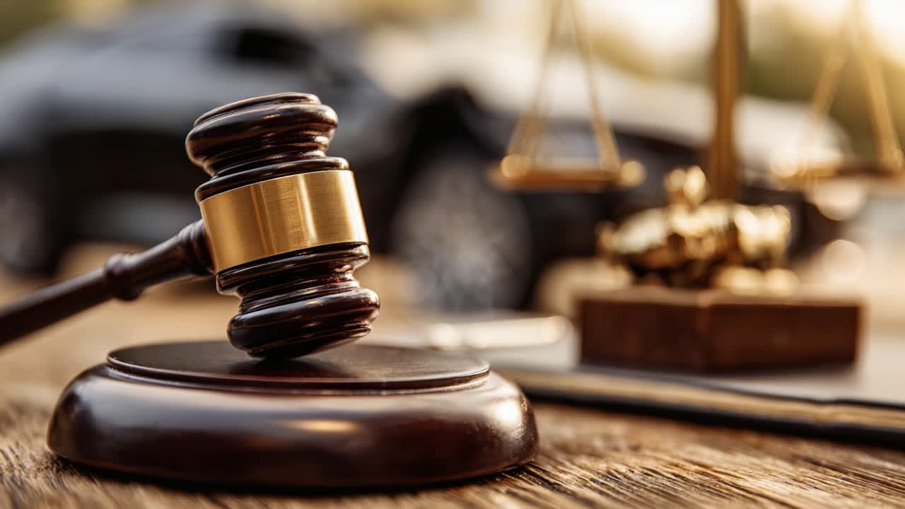 Il sistema giudiziario: esaminando il ruolo del martello del giudice e della bilancia nei procedimenti legali con un sottile sfondo di incidente stradale.