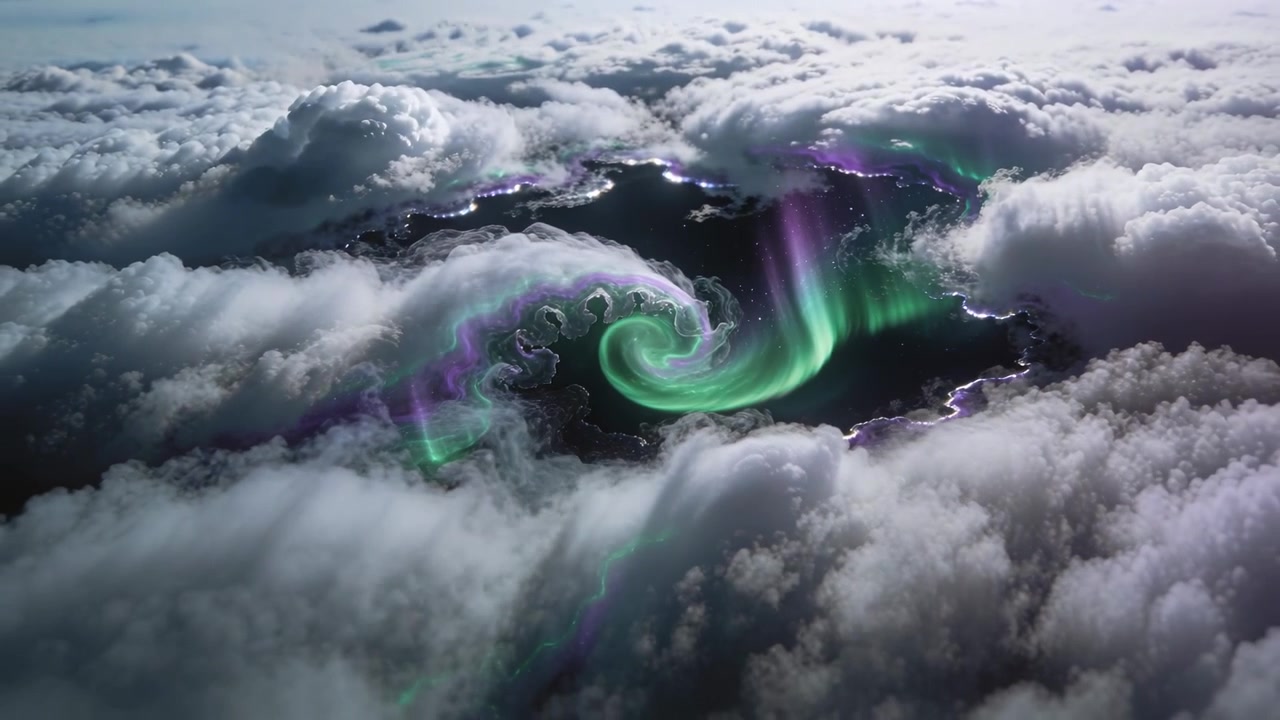 Opening dark gap revealing central auroral vortex above thick cloud deck, pulling clouds inward