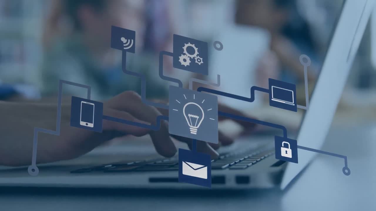 animación de una red de iconos digitales contra la sección media de un hombre que usa una computadora portátil en la oficina