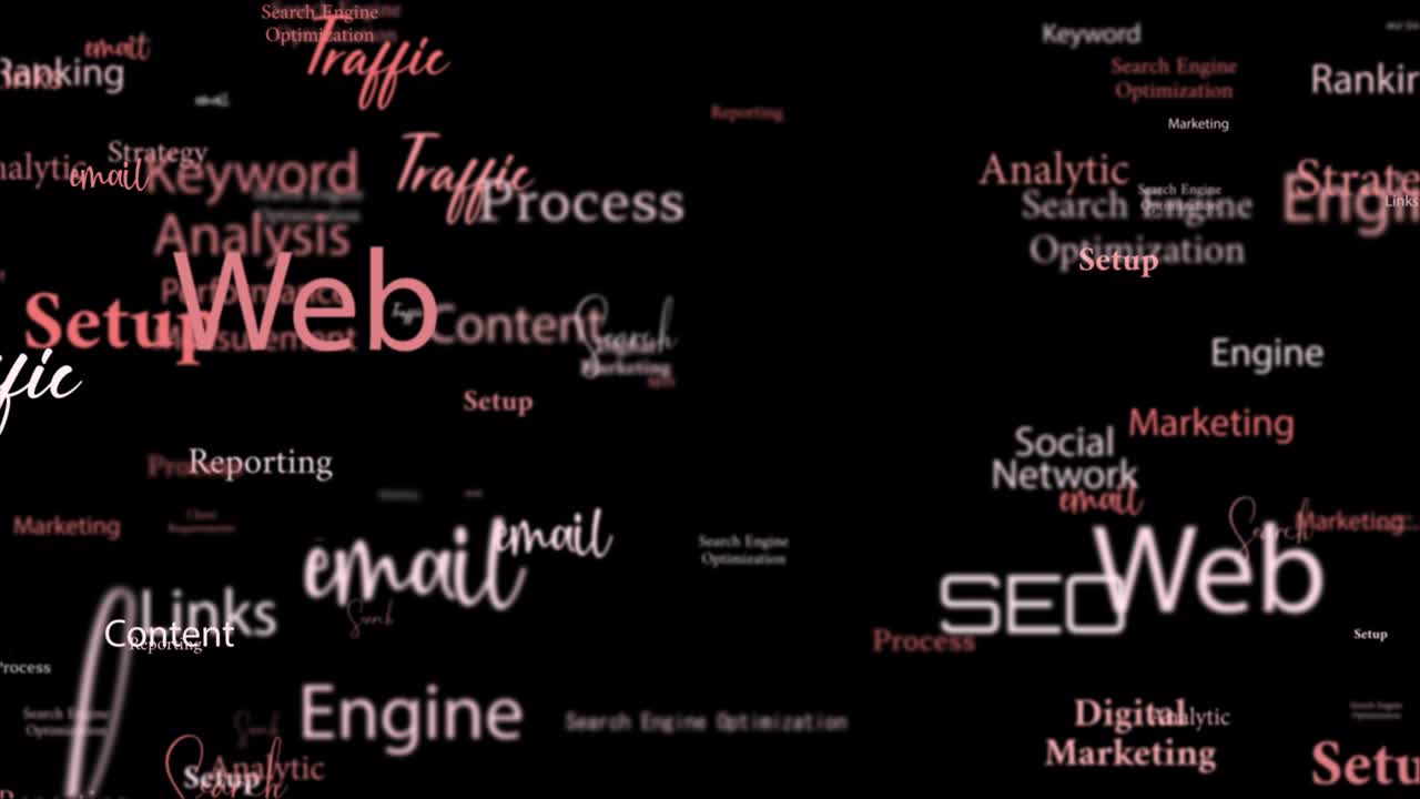 Animation loop of SEO Management process related   red pink word flowing. Element for intro, title banner with blank copy space.
