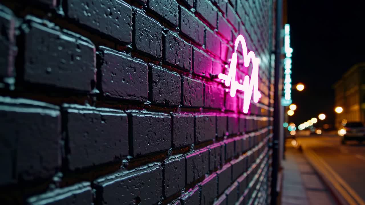 letrero de neón rosa en la pared de ladrillo por la noche