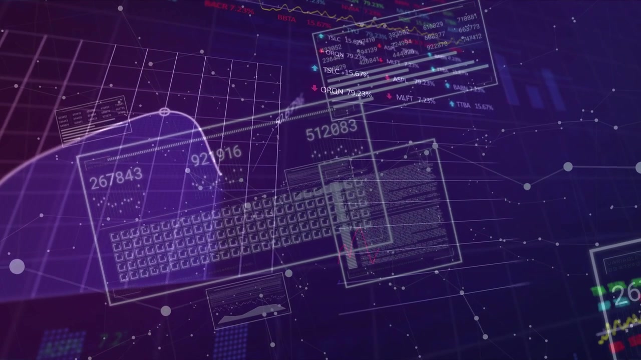 Translucent keyboard layout animating as curved graph sweeping over keys, lighting numbers for data