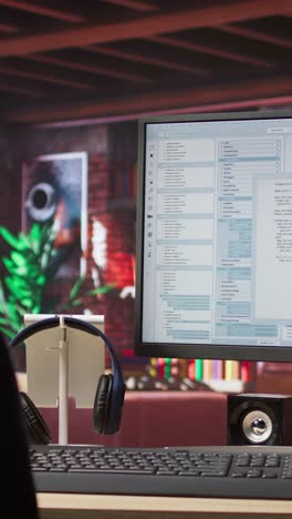 vertical video code editor on computer screen in home office used for building applications