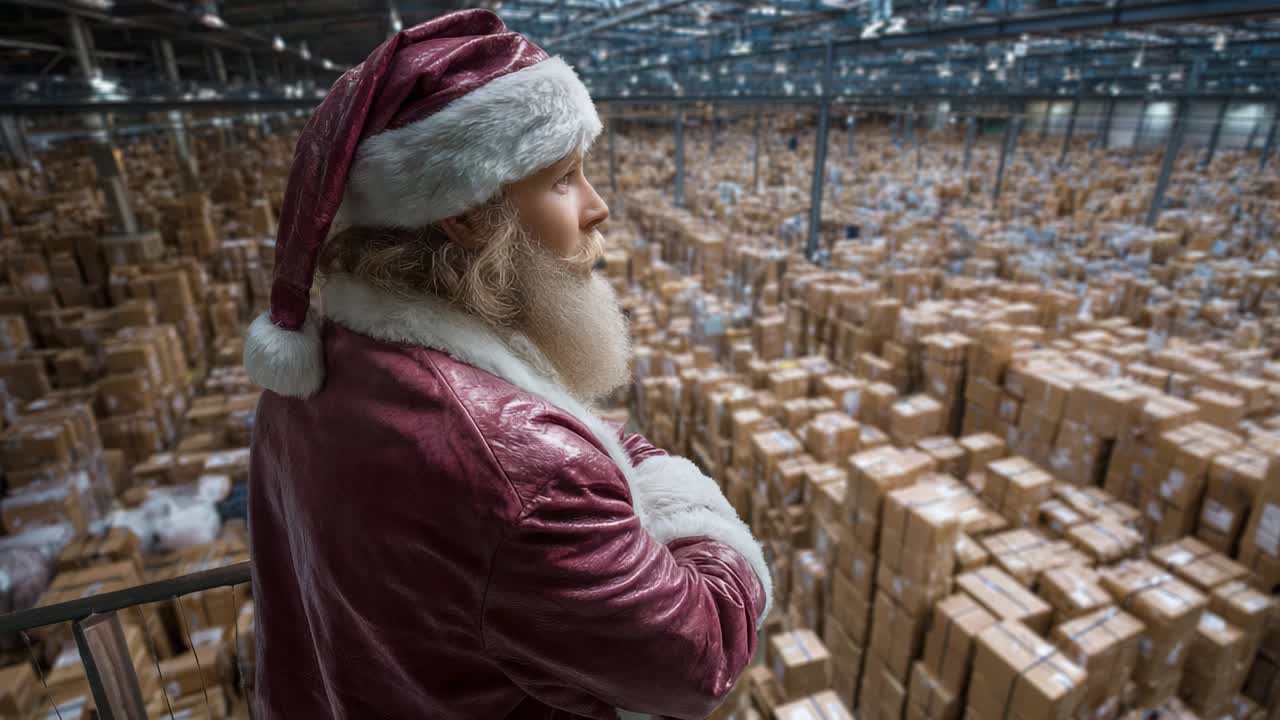 A Seasonal Warehouse Wonder: A Santa Look-Alike Gazes Thoughtfully Over an Expansive Sea of Packed Boxes, Symbolizing the Holiday Spirit of Giving and the Joy of Anticipation During the Festive Season