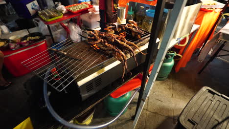 calamares a la parrilla en la barbacoa en las calles de la noche tailandia, movimiento hacia adelante vista cinematográfica