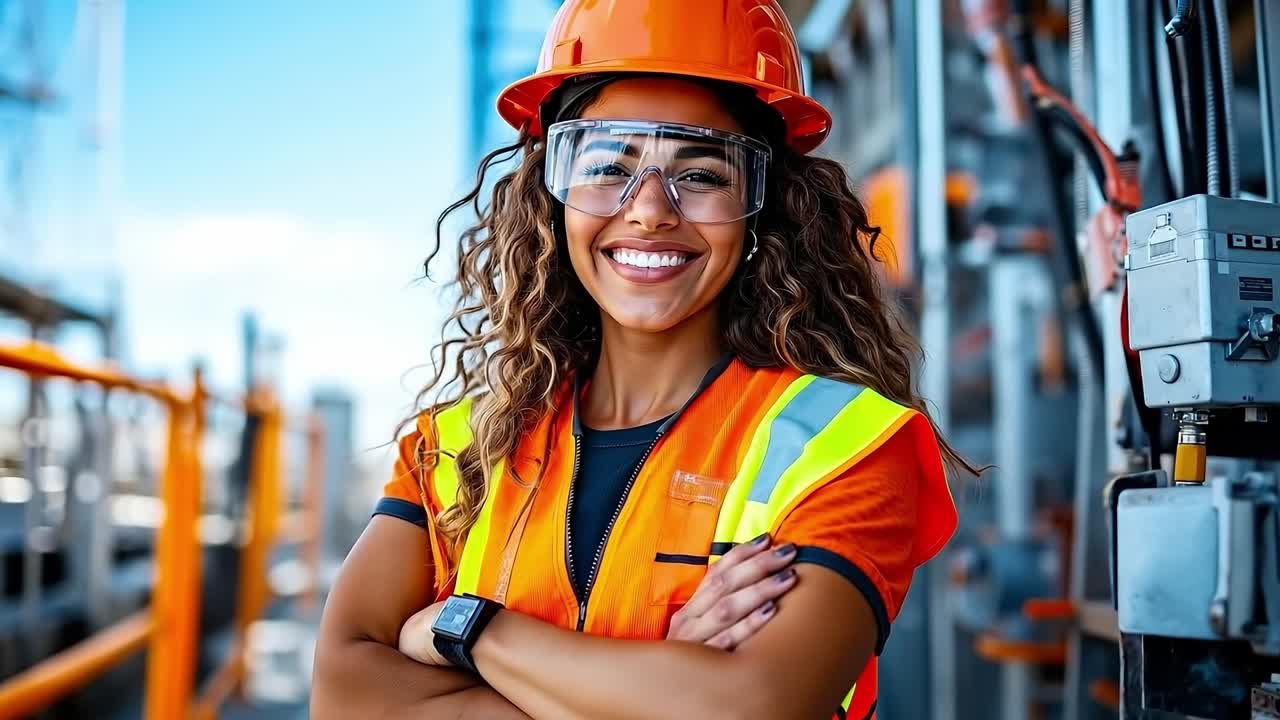 A woman wearing a hard hat and safety glasses standing in front of a power plant