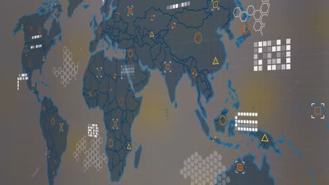 Animation-of-microprocessor-connections-over-world-map-against-purple-gradient-background