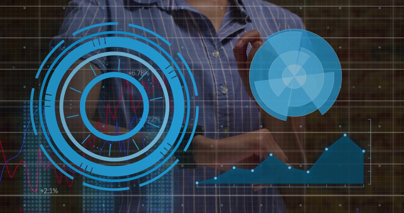 Tapping smartwatch, male torso and arms rotating radar pie, updating area graph to control data