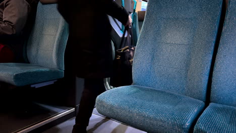 an empty seats from a rustic train with passenger passing by during daylight