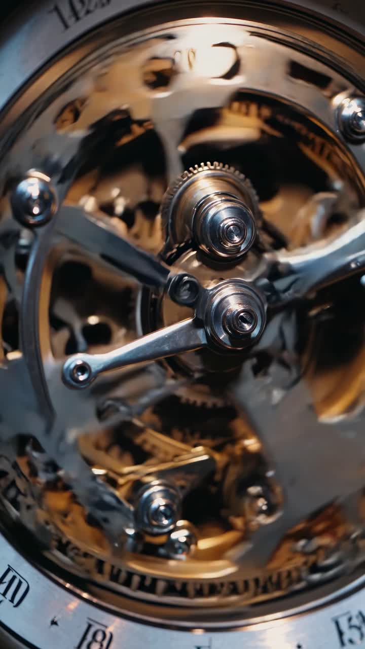 Close-up video of intricate clock gears in motion, showcasing detailed mechanics and craftsmanship