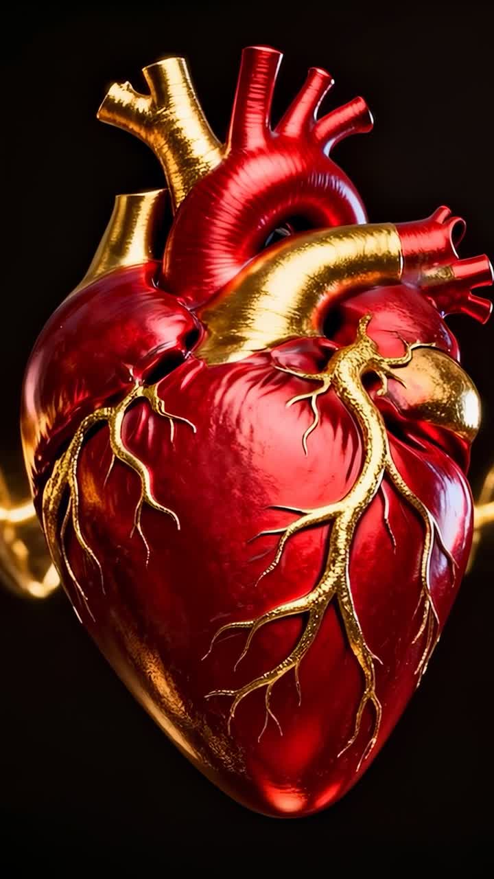 Vertical video: Panning camera bringing red heart closer in dark studio, highlighting gold vessels