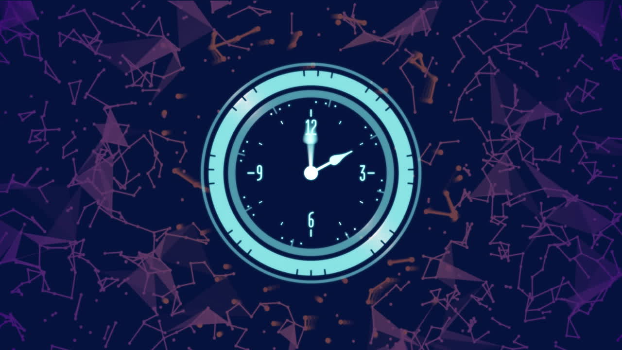 Animation of clock and network of glowing connections over black background