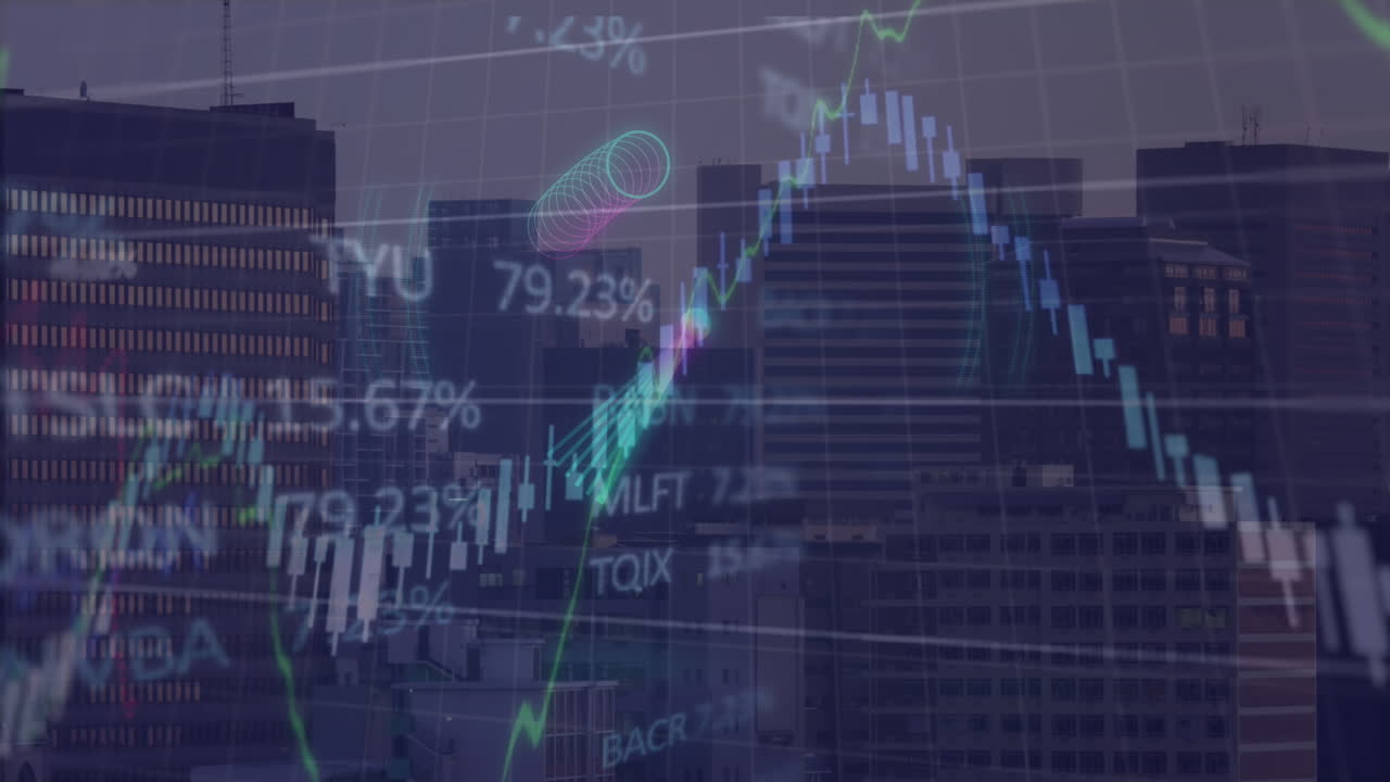 animación del procesamiento de datos financieros y bursátiles frente a la vista aérea de edificios altos.