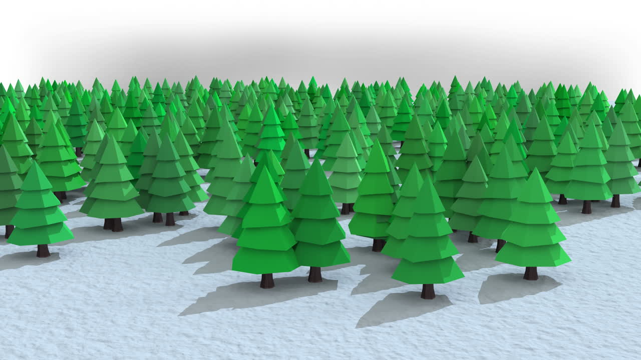 Multiple green tree icons on winter landscape against white background