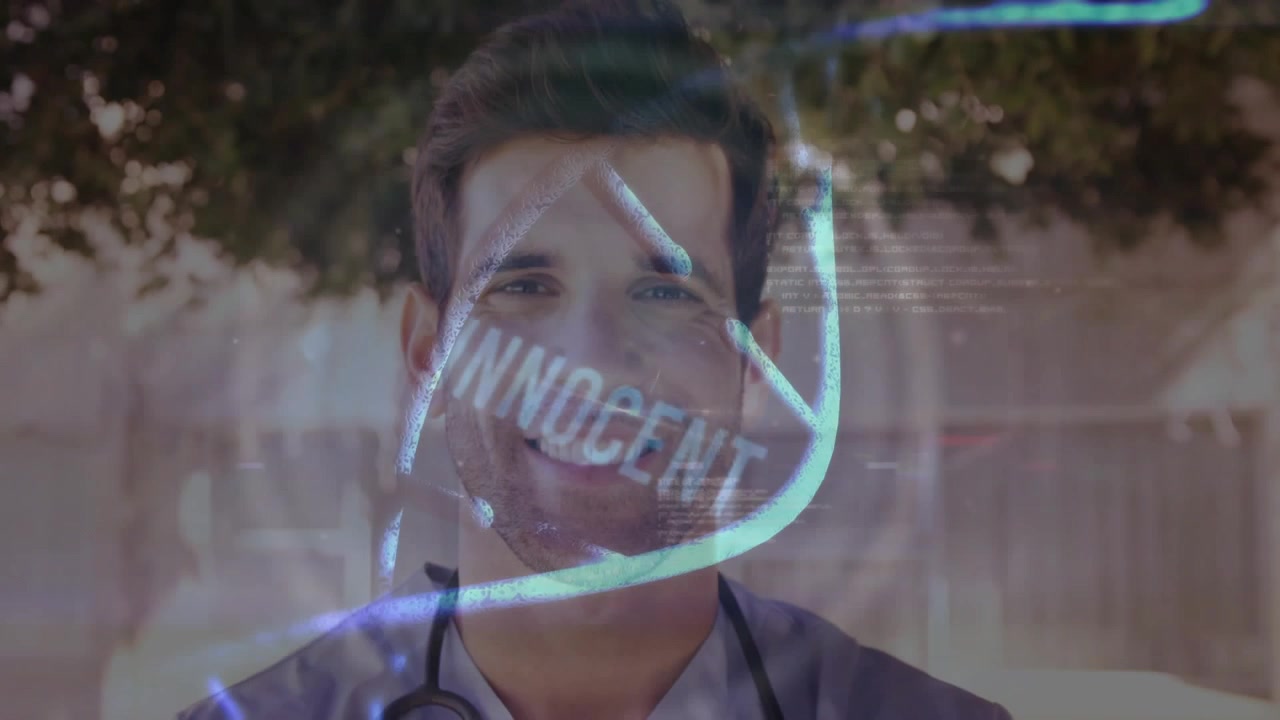 Medic with stethoscope upon pause, waveforms animating on chest forming shield and INNOCENT text