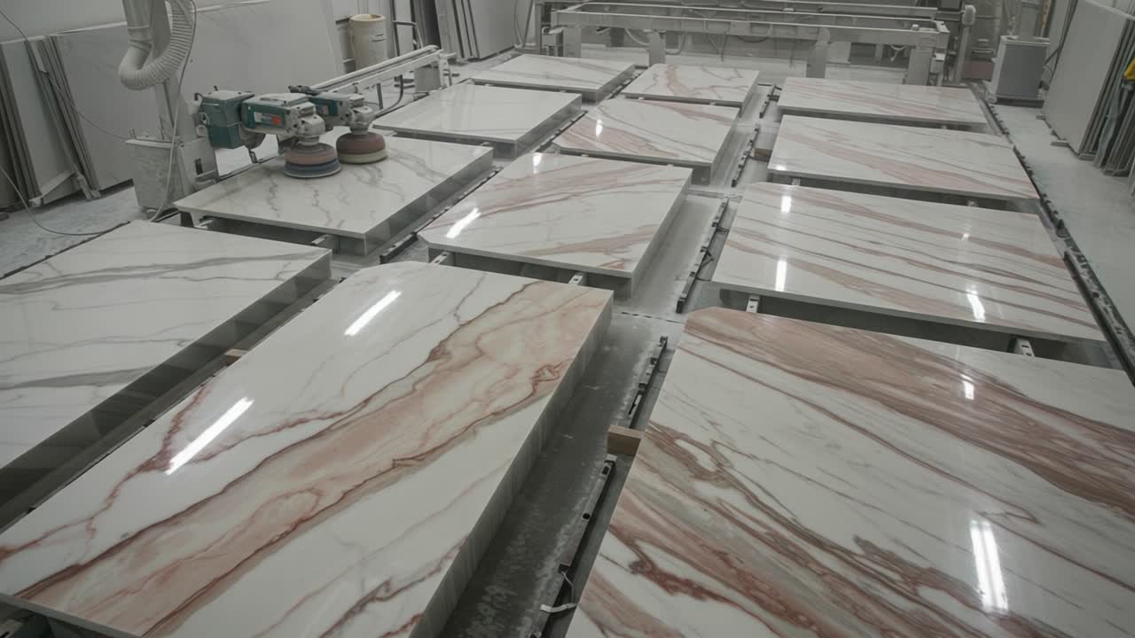 Aerial View of Marble Slabs in a Processing Facility, Showcasing Stunning Patterns and Textures in a Well-Organized Layout Under Bright Lighting