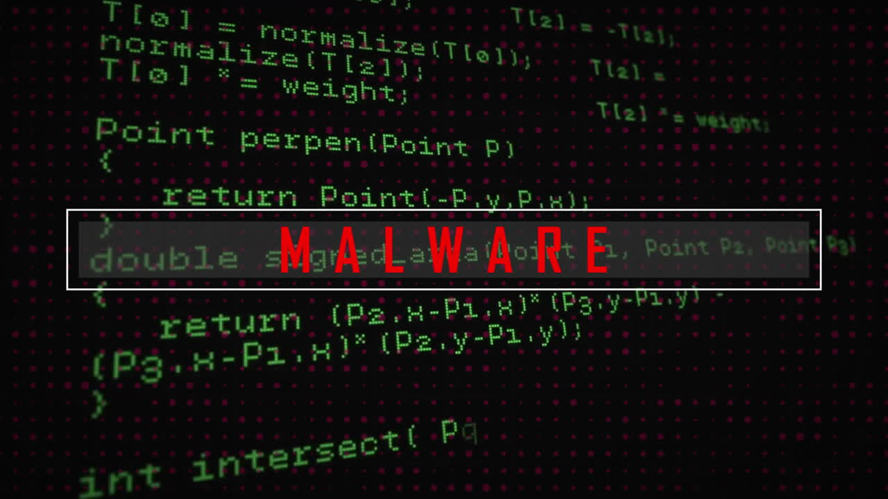 animazione di testo malware su elaborazione dei dati su sfondo nero.