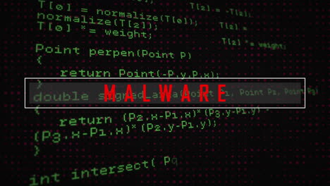 animation of malware text over data processing on black background