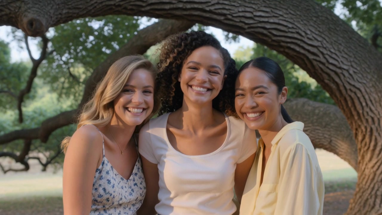 Câmera dando zoom, trio se inclinando mais perto sob galho de árvore no parque para foto em grupo com roupas casuais.