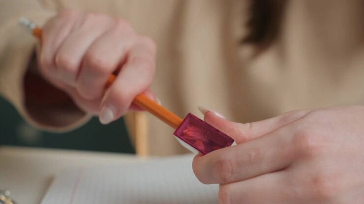 Closeup caucasian female sharpening pencil with handheld sharpener, shavings falling, focused fingers, preparing for homework, home study ritual, tactile detail, quiet morning light