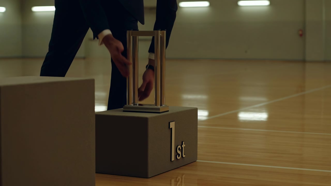 Suited figure stands beside trophy stand over first place podium on glossy wooden court inside empty sports hall, with warm overhead light, soft reflections, calm award ceremony mood