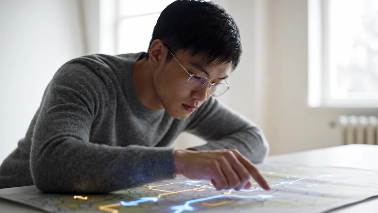 集中する人物が、自然光が差し込む明るい部屋で、シンプルな背景のもと、道順と経路を確認するためにナビゲーションマップを分析する。明瞭さと理解を深めるため。