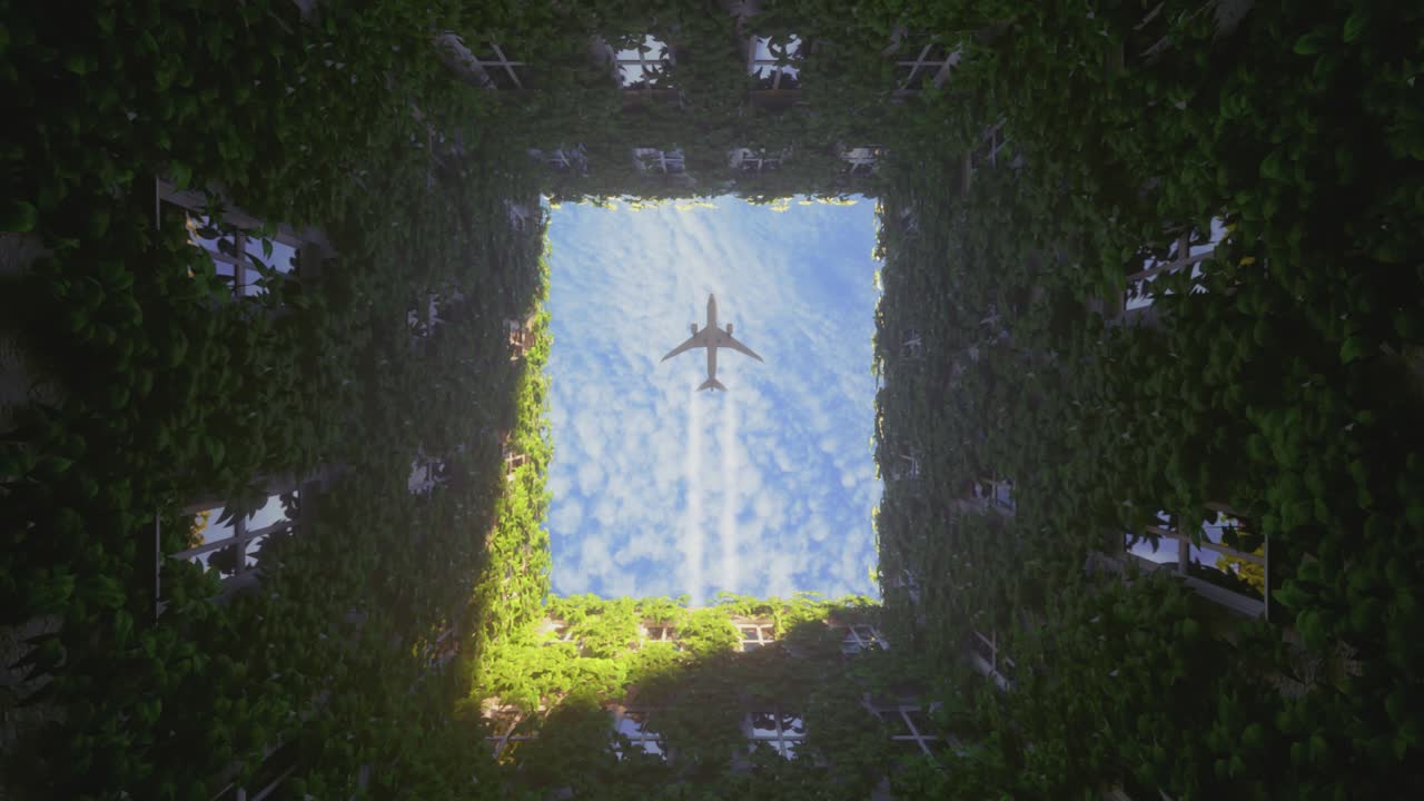 푸른 도시 중심지 위를 날아다니는 비행기