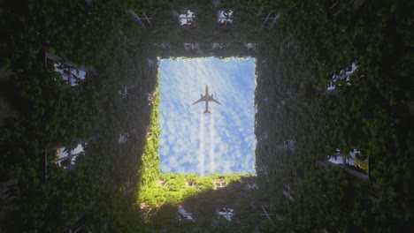 avión volando sobre un núcleo urbano exuberantemente verde