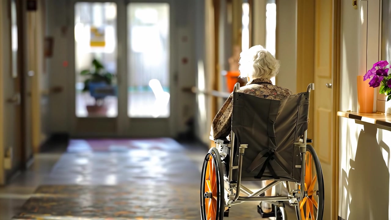 Vista posteriore di donna anziana in sedia a rotelle in un corridoio d'ospedale. Vista da dietro di donna anziana con capelli grigi in sedia a rotelle che si muove lungo un luminoso corridoio di casa di riposo, illuminato dal sole.