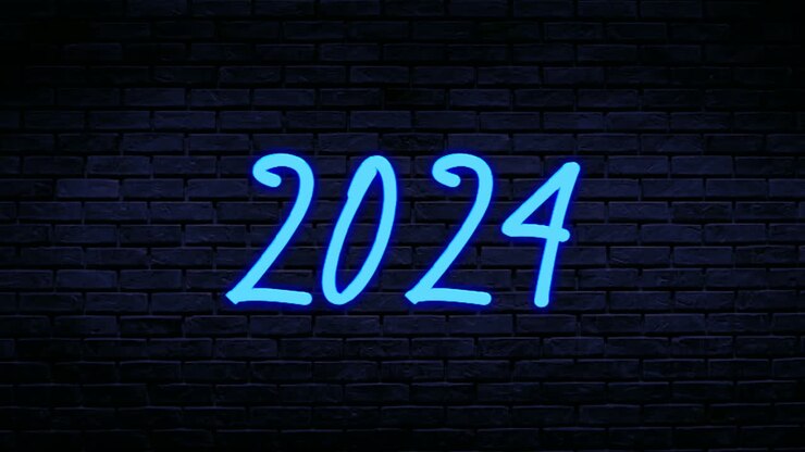 Numero 2024 animazione al neon blu, grafica in movimento semplice su sfondo di muro di mattoni